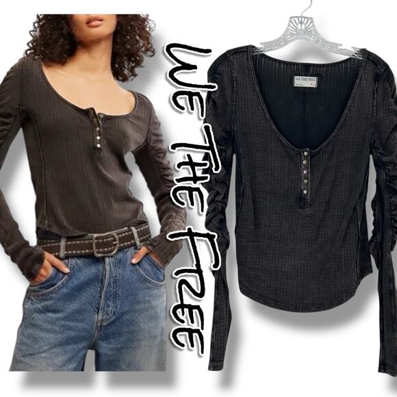 We The Free Tops - Free People We The Free Hope Henley Ruched Sleeve Washed Black Top Womens Size S